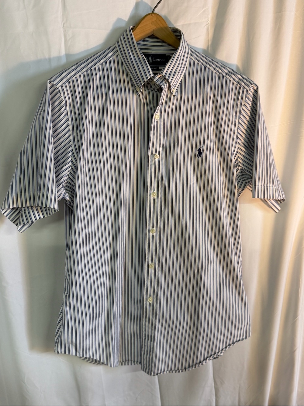 Ralph Lauren Blue and White Vertical Stripe Short-Sleeve Button-Down Shirt